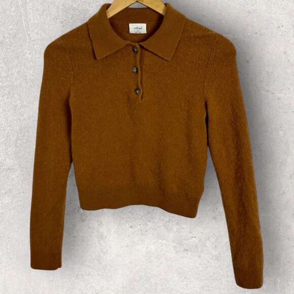Aritzia 100% Cashmere Brown Polo Sweater Womens Size Medium Chestnut Knit Boho M - Picture 4 of 16